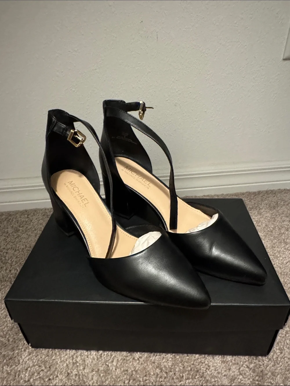 Michael by Michael Shannon Black Pointed Ankle-Strap Block Heels